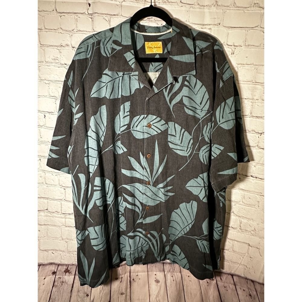 Tommy Bahama Mens XXL 100% Silk Tropical Leaf Print Short Sleeve Camp Shirt Grey